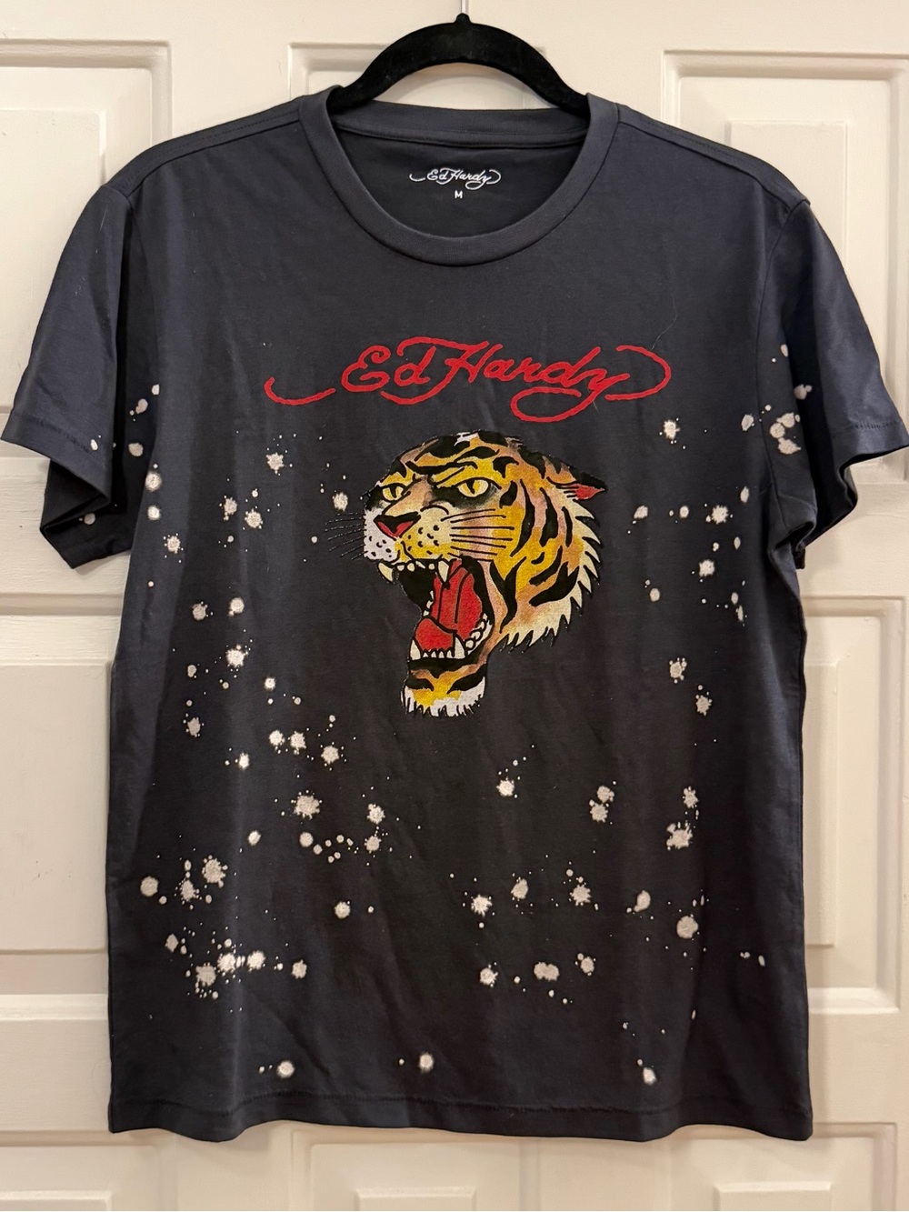 Ed Hardy Men’s Black Tiger Bleach Splatter Graphic Tee